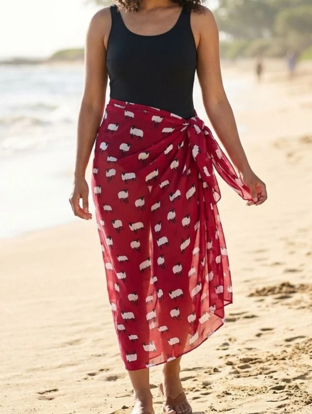 Red Sheep Print Shawl Wrap Sarong Scarf 36x74 Semi Sheer Swim Cover Skirt